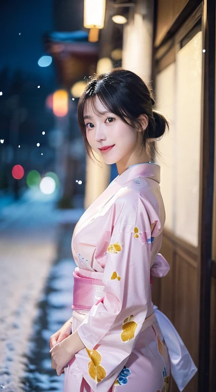 (Pink translucent Kimono)、(top-quality,masterpiece:1.3,超A high resolution,),(ultra-detailliert,Caustics),(Photorealsitic:1.4,RAW shooting,)Ultra-realistic capture,A highly detailed,high-definition16Kfor human skin、 Skin texture is natural、very large round breasts、The skin looks healthy with an even tone、 Use natural light and color,One Woman, Japanese,kawaii,A dark-haired,Short ponytail hair, calming dimpled smile, head to knee, (depth of fields、chromatic abberation、、Wide range of lighting、Natural Shading、)、(Exterior light at night:1.4)、(Falling snow:1.2)、(Hair swaying in the wind:1.1)、(Light reflecting snow:1.2)、