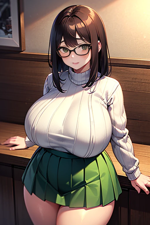 A Cute Young Girl, with (Lush, Medium Length Hair), ((Dark-Brown Hair)), (Big Beautiful Brown Eyes), Absolutely Enormous Breasts, Thick Thighs, and is slightly Plump. Wearing an ((Off-white sweater)), a ((Green Pleated Skirt)), and (Black Square Glasses, with a Thick Frame). Inside a Modern House, with wood paneling on the walls.