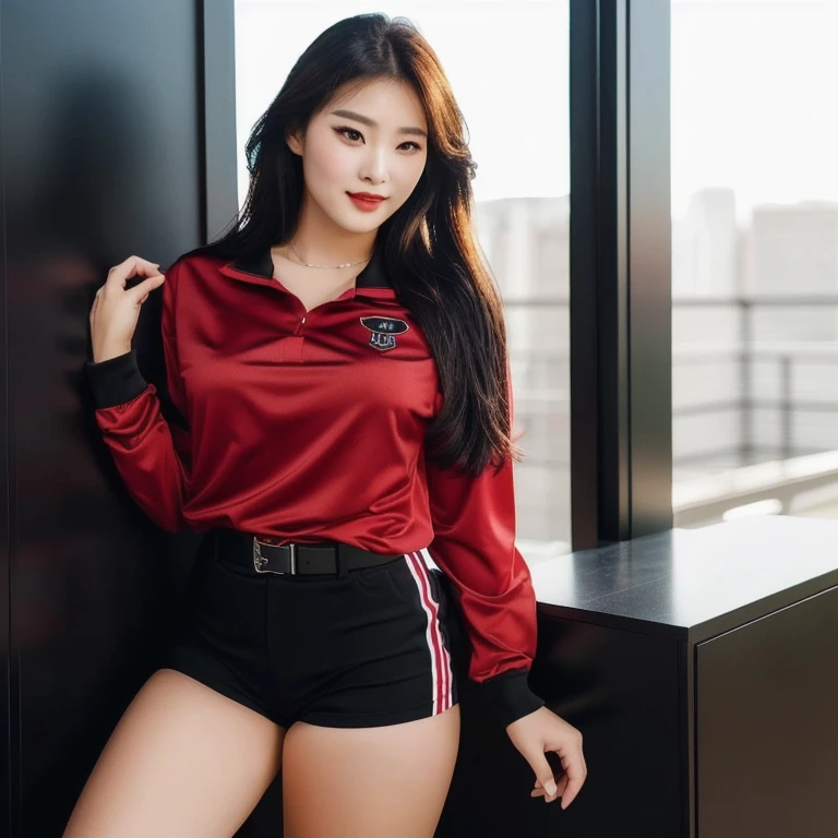 a close up of a woman in a red shirt and black shorts, gorgeous young korean woman, Wear a volleyball shirt., beautiful south korean woman, Professional sports style, Korean girl, sexy girl, sexy girl wearing shorts, red and black, Attractive posture, นางแบบแฟชั่นkorean woman, red shirt, Gorgeous Chinese model, korean woman, Female model, 2 4