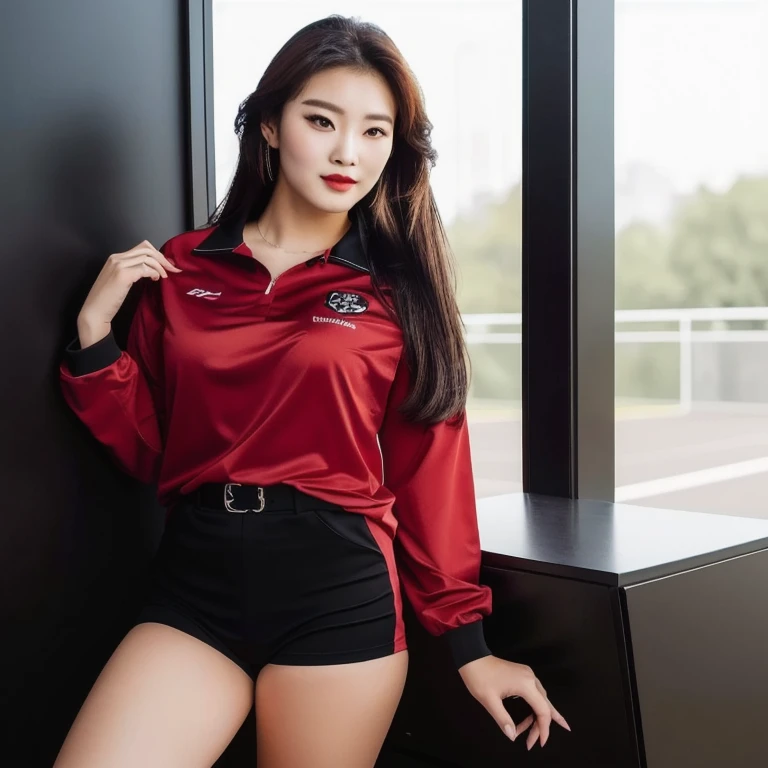 a close up of a woman in a red shirt and black shorts, gorgeous young korean woman, Wear a volleyball shirt., beautiful south korean woman, Professional sports style, Korean girl, sexy girl, sexy girl wearing shorts, red and black, Attractive posture, นางแบบแฟชั่นkorean woman, red shirt, Gorgeous Chinese model, korean woman, Female model, 2