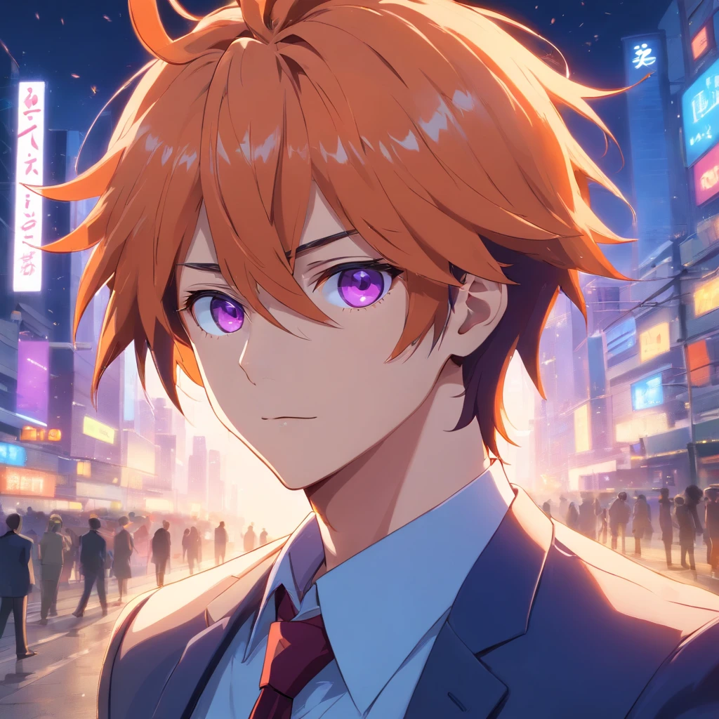 a man with long orange messy hair, heterochromia eyes (blue and purple), blue horns, wearing a black suit and red tie, highly detailed, cinematic lighting, dramatic composition, photorealistic, 8k, (best quality,4k,8k,highres,masterpiece:1.2),ultra-detailed,(realistic,photorealistic,photo-realistic:1.37),HDR,UHD,studio lighting,ultra-fine painting,sharp focus,physically-based rendering,extreme detail description,professional,vivid colors,bokeh