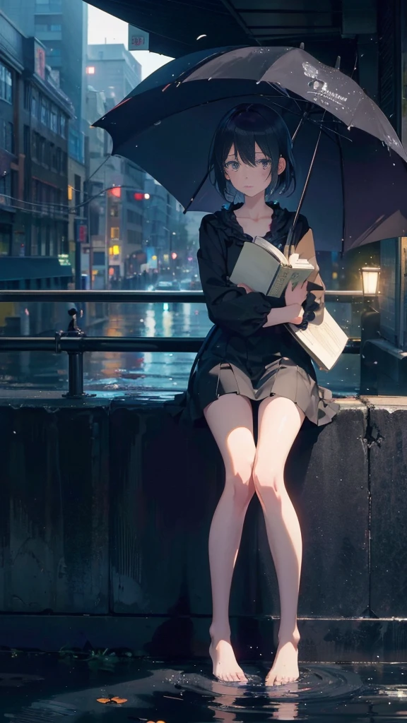 1 anime girl, alone,,Black petals flutter, A mysteriously shining butterfly.city,thin legs,Gloomy cloudy sky,sad expression,very clear,highest quality,city,standing on the street corner,Are crying,tears,close up of face,Sit in the water,barefoot,holding a book in hand