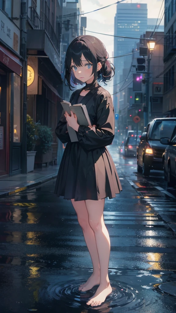 1 anime girl, alone,,Black petals flutter, A mysteriously shining butterfly.city,thin legs,Gloomy cloudy sky,sad expression,very clear,highest quality,city,standing on the street corner,Are crying,tears,close up of face,Sit in the water,barefoot,holding a book in hand