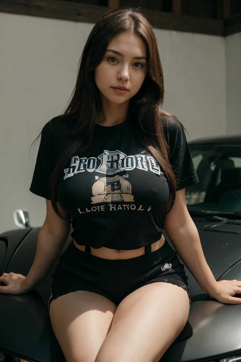 1 girl, solo, age 27, long brown hair, slim & curvy, big breast, 66cm waist, 91cm hip, Shot with Canon EOS 5D, best quality, Ultra high resolution , Masterpiece, detailed Japanese faces, wearing black t-shirt, wearing black shorts, sitting on sports car