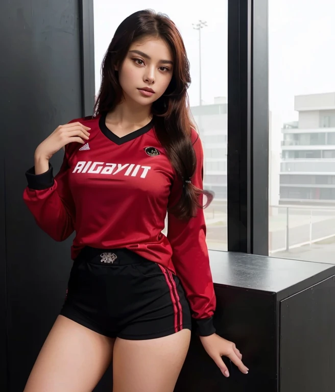 Close-up of woman with ponytail blowing up, In a red shirt and black shorts, Wear a volleyball shirt., IG model | RTM germs, in red and black, irelia, Black and Red only, Red dress, Professional sports style, red and black, red and black suit, Tzuyu from two times, red black, black and red silk clothes, Sporty , 8k photos, Shot with a FuJi 45 camera.,000,000,000 pixels, warm light, wide open aperture, realistic and beautiful,