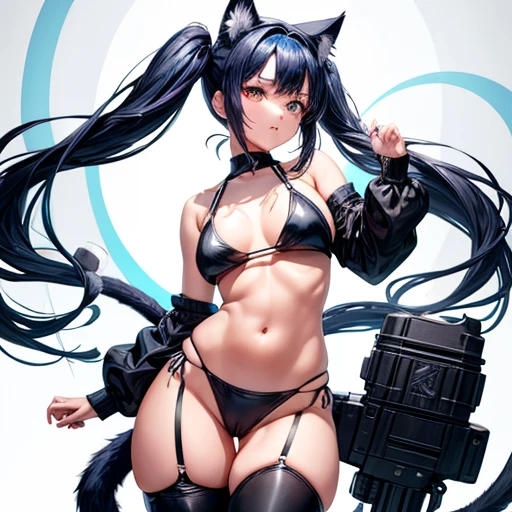 A girl with dark blue hair, cat ears and a tail, wearing a black bikini and racing pants　Loli body type　　Twin tails　Spreading her vagina　　Detailed depiction of female genitalia　Flat Chest