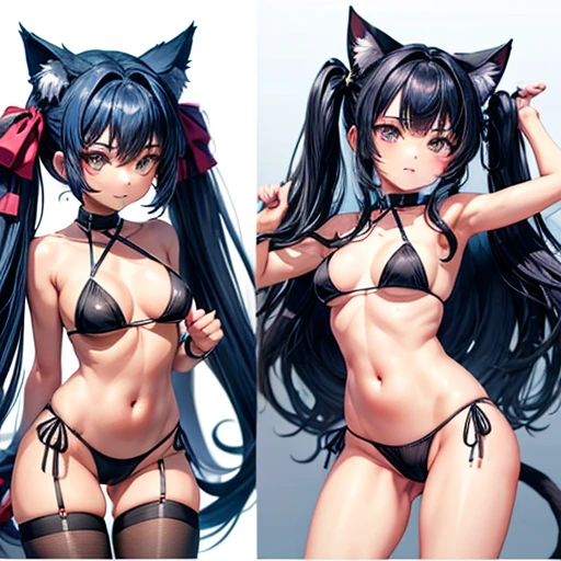A girl with dark blue hair, cat ears and a tail, wearing a black bikini and racing pants body type Twin tails Spreading her vagina Detailed depiction of female genitalia Flat Chest