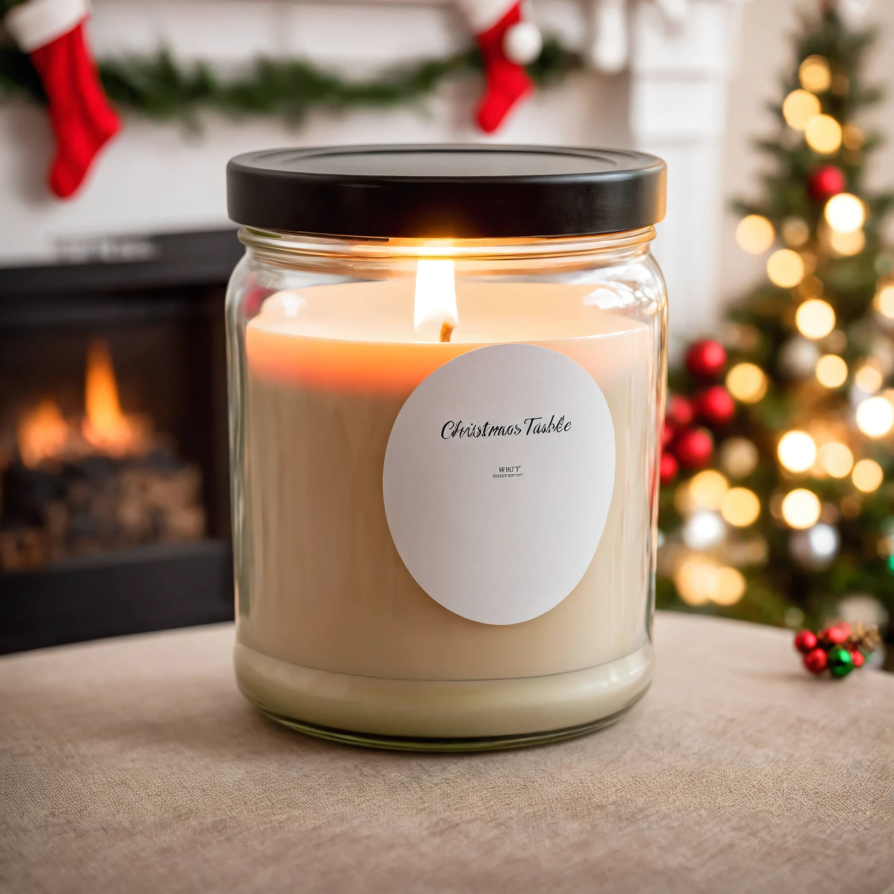 Mockup empty, a blank beige candle in a jar with white label and black lid standing on a christmas table, with christmas decorated living room in defocused background, professional photo, sony a7 camera, 50mm lens, shallow depth of field, aesthetic lighting, christmas presents, fireplace, christmas lights, red and green colors in the background