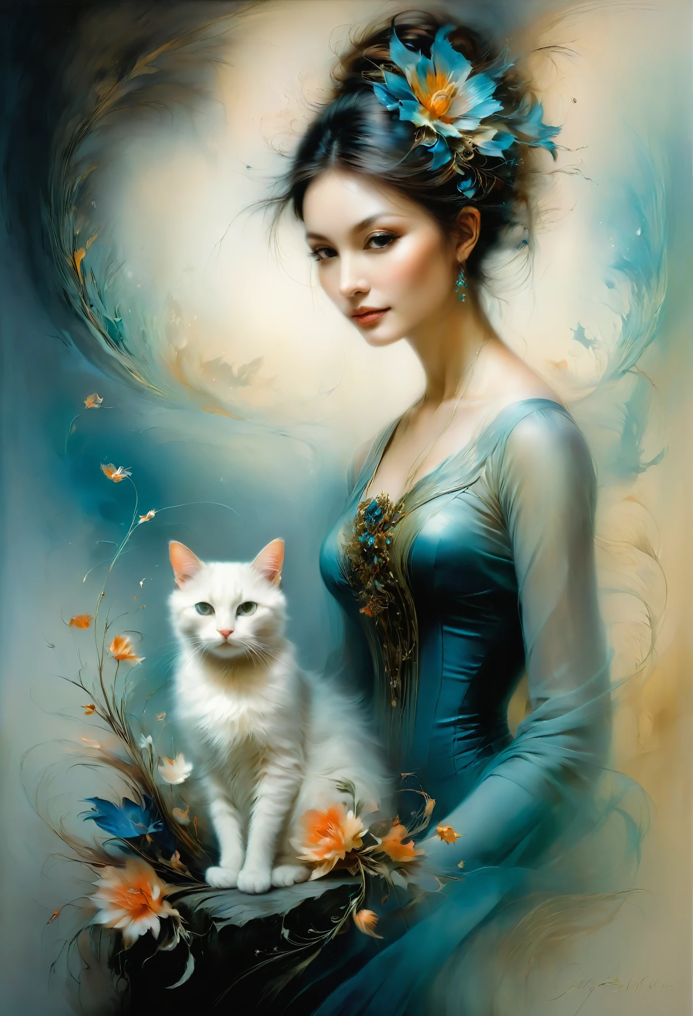 lady with Cat,by Anne Bachelier,flower,best quality,masterpiece,very aesthetic,perfect composition,intricate details,ultra-detailed