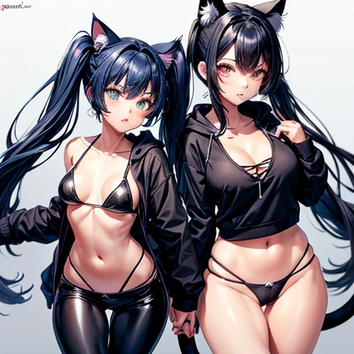 A girl with dark blue hair, cat ears and a tail, wearing a black bikini and racing pants body type Twin tails Spreading her vagina Detailed depiction of female genitalia Flat Chest Wearing a hoodie