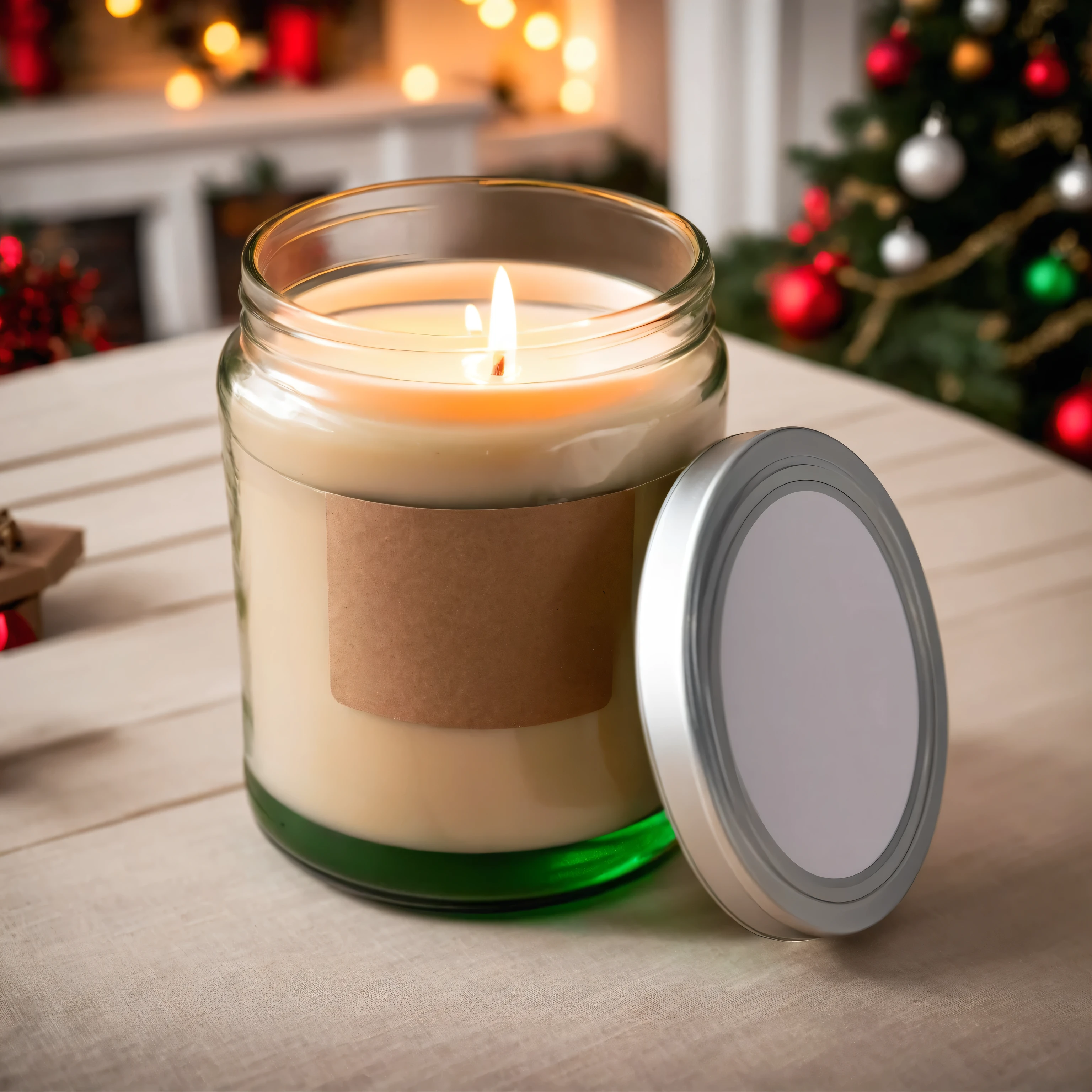Mockup empty, a blank beige candle in a jar with white label and black lid standing on a christmas table, with christmas decorated living room in defocused background, professional photo, sony a7 camera, 50mm lens, shallow depth of field, aesthetic lighting, christmas presents, fireplace, christmas lights, red and green colors in the background