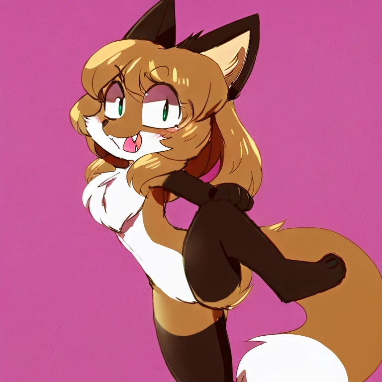 Nervous smiling, uploaded the e621, beautiful and detailed, woman (((female))) ((anthro)) Fox, (Averi, Fox girl), cinematic lighting, Fox, (anthro, fluffy fur, character focus:1.1), 1girl, anthro fox girl, body fur, curvy, sexy, nice, cute, hot, comfortable anime-style cartoon-style, digital drawing, SFW, flat chest, simple background, martial arts, roundhouse kick, sassy, sassy hips, fangs, raised leg