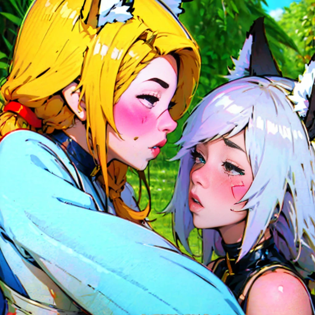 (masterpiece, best quality:1.2), Emoticon packages,red eyes，white hair，fox ears，pitiful，blush，looking down while 2girlskiss each other lips 💋 ♥️ 