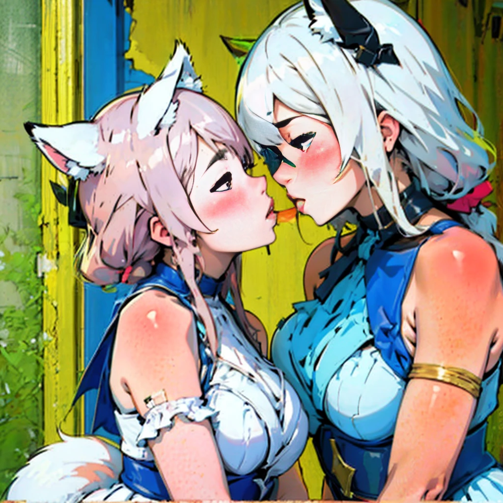 (masterpiece, best quality:1.2), Emoticon packages,red eyes，white hair，fox ears，pitiful，blush，looking down while 2girlskiss each other lips 💋 ♥️ 