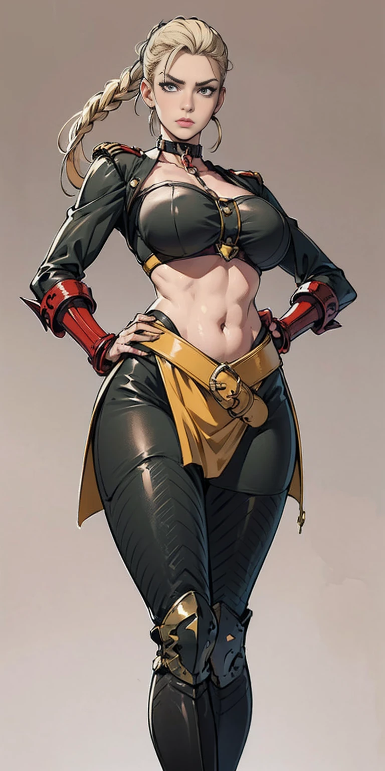 ((Masterpiece, plain background:1.2)) (Cammy White Street Fighter 6) Female full body standing straight symmetrical looking to the viewer RED full body armored (handcuffs, shackles, rerebrace, faulds, poleyn, gauntlets, leather collar choker) big belt under belly button, navel, belt over belly button, ((hands on hips)), loincloth, pinched eyes (big-:1.5) thin legs, thin body, view from below open legs showing crotch