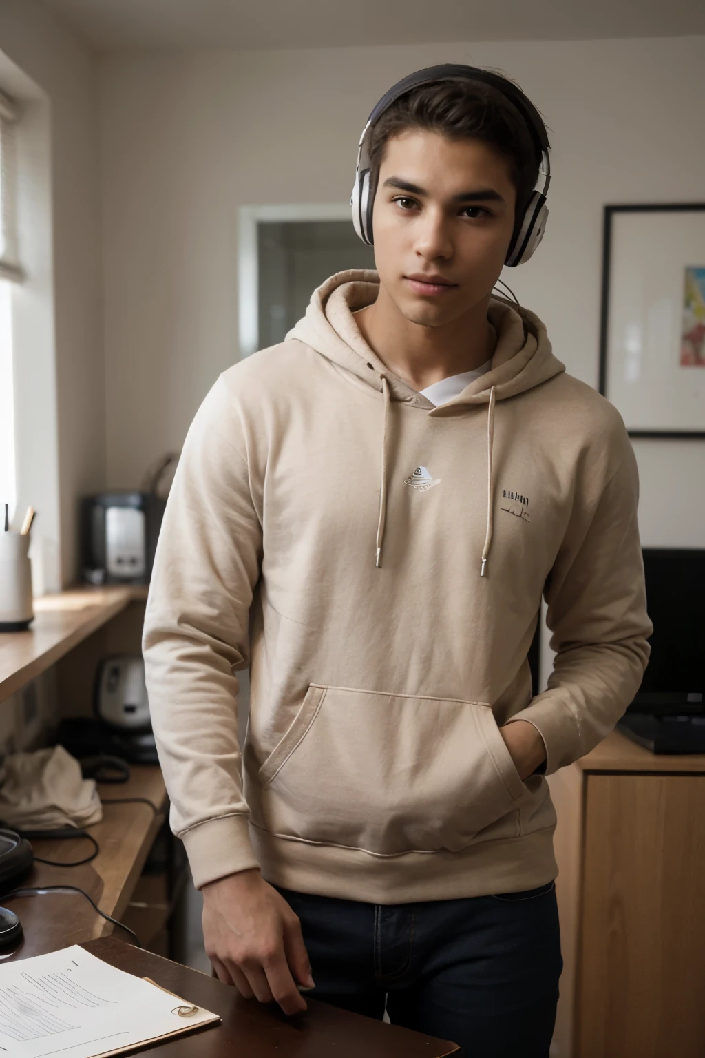 ((mejor calidad)), ((obra maestra)), (detallado), cara perfecta young man of brown skin color, with short unkempt hair, young man in hoodie and headphones working on computer