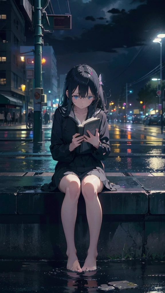 1 anime girl, alone,,Black petals flutter, A mysteriously shining butterfly.city,thin legs,Gloomy cloudy sky,sad expression,very clear,highest quality,city,standing on the street corner,Are crying,tears,close up of face,Sit in the water,barefoot,holding a book in hand,Sit down