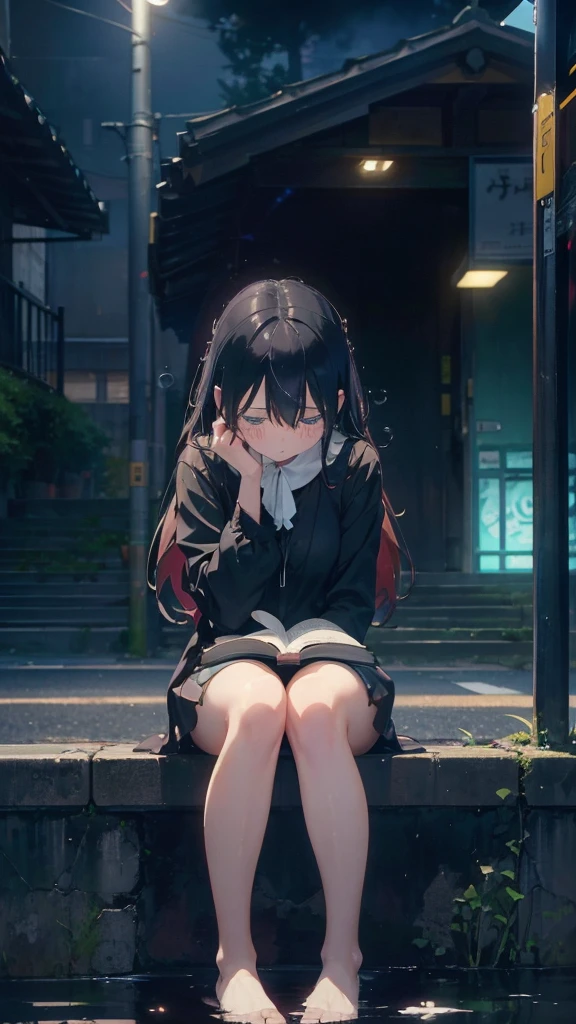1 anime girl, alone,,Black petals flutter, A mysteriously shining butterfly.city,thin legs,Gloomy cloudy sky,sad expression,very clear,highest quality,city,standing on the street corner,Are crying,tears,close up of face,Sit in the water,barefoot,holding a book in hand,Sit down