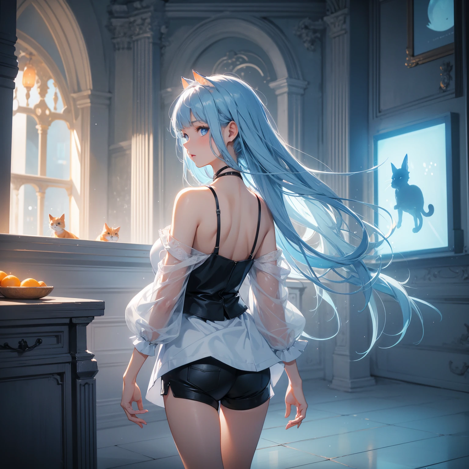 1girl , sea blue hair, light blue eyes, white plain top, black shorts, 1orange cat and 1 grey cat, castle, lights, high res, ultrasharp, 8K, masterpiece, looking at viewer from behind