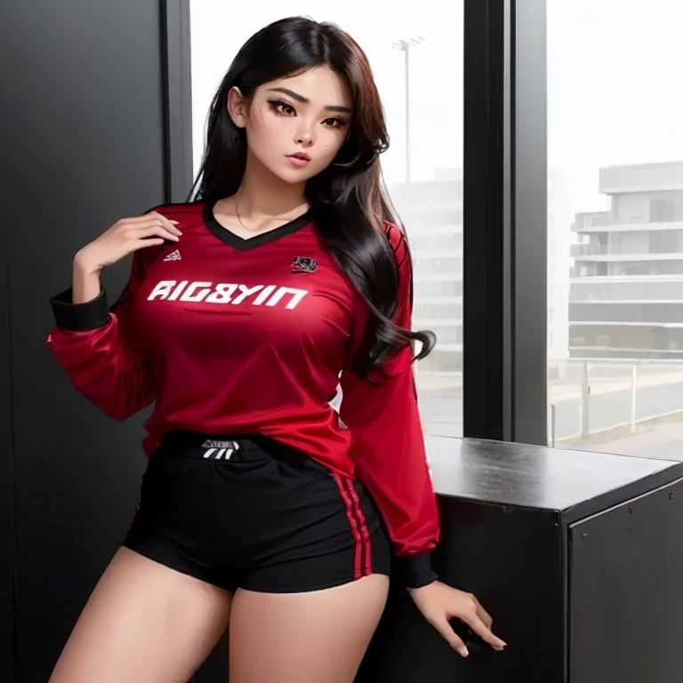 Close-up of woman with ponytail blowing up, In a red shirt and black shorts,Different actions, Wear a volleyball shirt., IG model | RTM germs, in red and black, irelia, Black and Red only, Red dress, Professional sports style, red and black, red and black suit, Tzuyu from two times, red black, black and red silk clothes, Sporty , 8k photos, Shot with a FuJi 45 camera.,000,000,000 pixels, warm light, wide open aperture, realistic and beautiful,