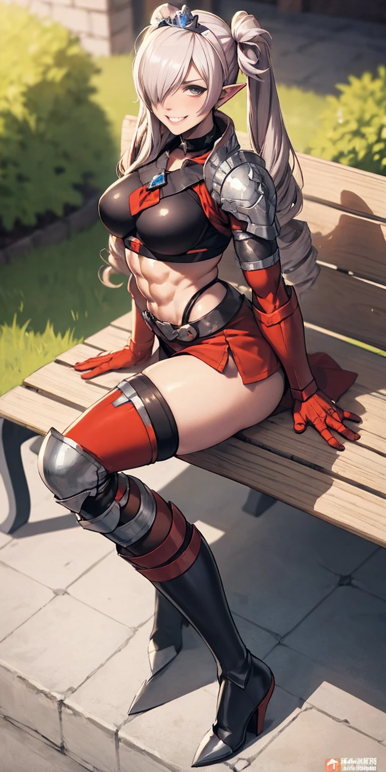 Shez, hair over one eye, choker, full body sitting on a bench showing ass to me, BLUE breastplate looking at viewer, shiny, armor, thigh highs, high boots, pauldrons shoulder armor, faulds, poleyn, gloves, gauntlets, rerebrace armored boots, (masterpiece, best quality, ultra-detailed, best shadow) yordle pointy ears muscular lean platinum blonde long twin-tails hairstyle at the office lustful smirking smile face red blushed, blush, strong abs, female body builder, tiara, twin drills hair