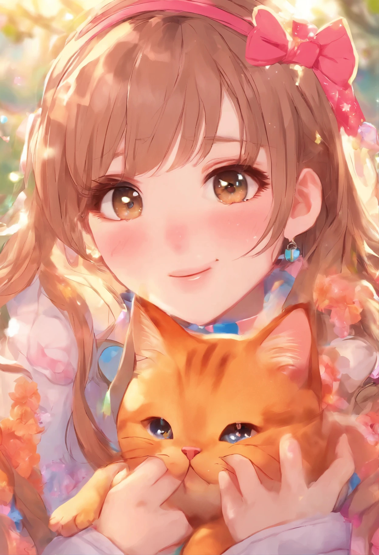 Girl with long brown hair , pink bow ,Sparkling winter decorations),high resolution,Sharp focus,(Extremely detailed,very detailed),(realistic artwork:1.37),(very detailed CG unity 8k wallpaper),(((bright colors,Lively themes))),(complicated),(Masterpiece),(Highest quality),artistic photography,(Photo by sldr),(complicated background),A perfectly expressive face,Perfect face details,realistic face,realistic,Analog style,((complicated detail)),(((realism))), holding a pet, orange cat, cat and girl
