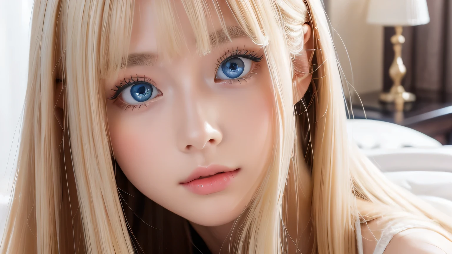 A very white and beautiful 20-year-old blonde girl、masterpiece, highest quality, shape, Ultra-fine detail, Natural platinum blonde with a natural shine、Super long straight silky hair、Super long hair like Rapunzel、Hair tangled all over the body、bangs over eyes、bangs on the face、Messy bangs、High resolution, 8K TV Wallpaper, Perfect dynamic composition, Big, bright, light blue eyes that shine beautifully、Very big eyes、of hotel(bed)、Small Face Beauty、Round face、double eyelid、Cheek gloss highlighter、On 