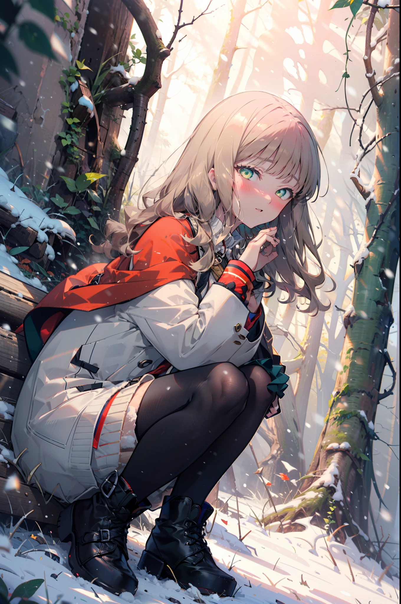 minami yume ,sss Dynazenon ,Long Hair, Brown Hair, (Green Eyes:1.5) ,Center of chest,hair band,smile,blush,White Breath,
Open your mouth,snow,Ground bonfire, Outdoor, boots, snowing, From the side, wood, suitcase, Cape, Blurred, , forest, White handbag, nature,  Squat, Mouth closed, Cape, winter, Written boundary depth, Black shoes, red Cape break looking at viewer, Upper Body, whole body, break Outdoor, forest, nature, break (masterpiece:1.2), highest quality, High resolution, unity 8k wallpaper, (shape:0.8), (Beautiful and beautiful eyes:1.6), Highly detailed face, Perfect lighting, Extremely detailed CG, (Perfect hands, Perfect Anatomy),