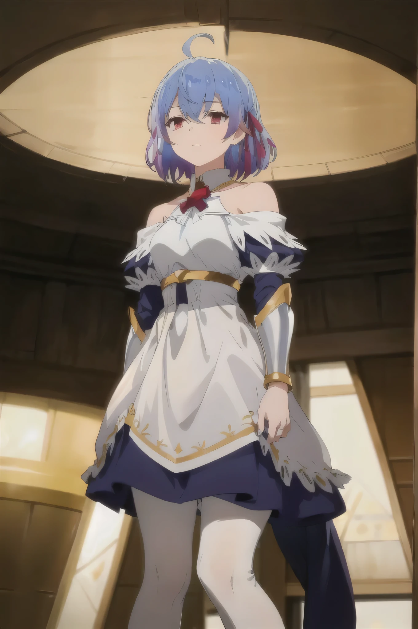 (Ceiling from below;2),(looking down;1.2) ,((white lace panties,lift skirt,upskirt) ),(Exceptional, Best aesthetics, new, newest, highest quality, masterpiece, Very detailed),Ruthie, One girl, alone, ribbon, hair ribbon, short hair, metal collar, Red eyes, Blue Hair, Ahoge, Multicolored Hair, Memes, Bracelet, Gradient Hair, collar, jewelry, bangs, Parody, armor, Expressionless, Exposing shoulders, Mouth closed, Hair between the eyes