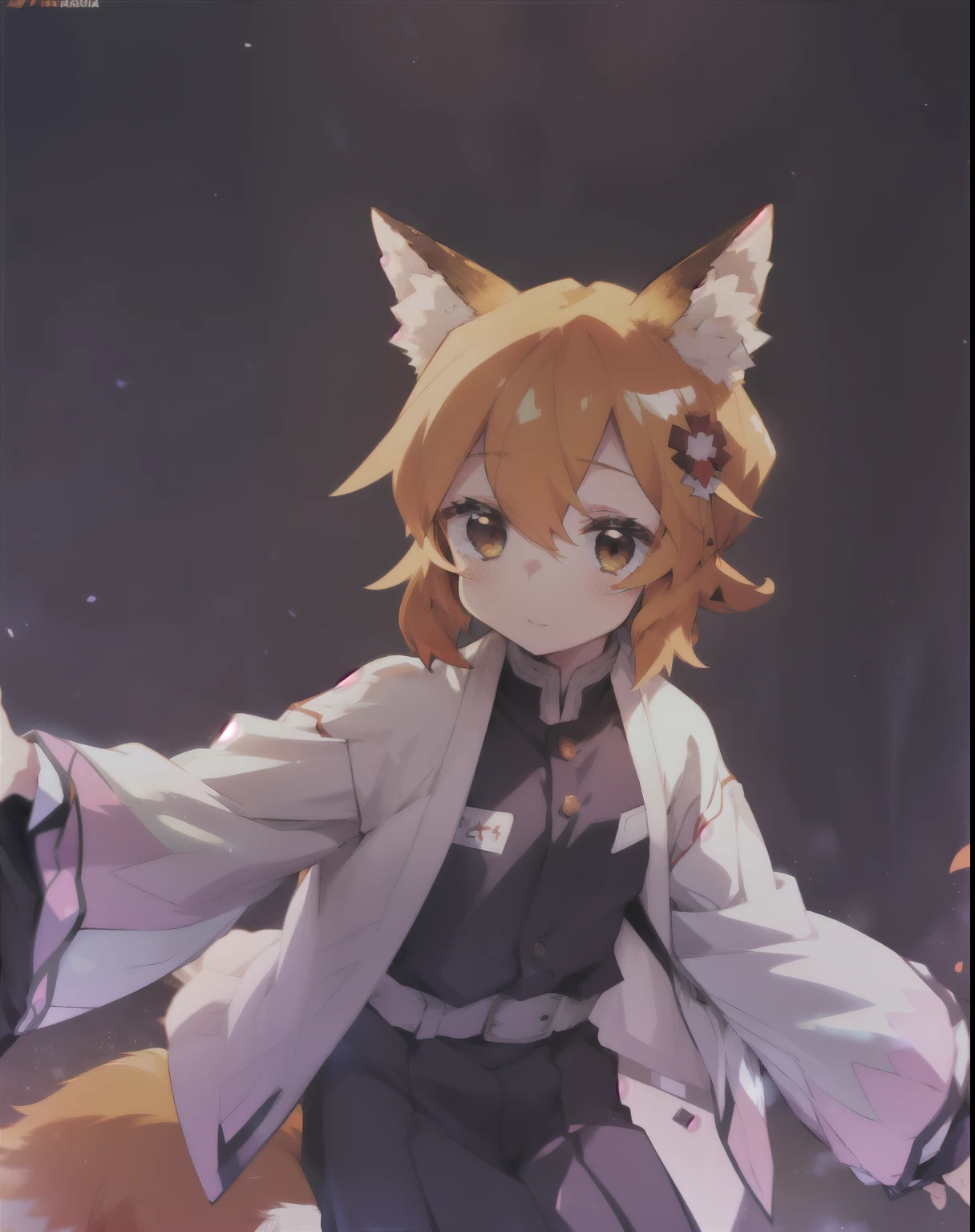 ShinobuKochou_NDV, Senko san, sen, animal ears, fox ears, fox girl, fox tail, hair flower, hair ornament, orange eyes, orange hair, short hair, tail, ShinobuKochou_NDV, 1girl, purple eyes, black-purple hair, japanese clothes, demon slayer uniform, butterfly hair ornament, belt, black pants, black jacket