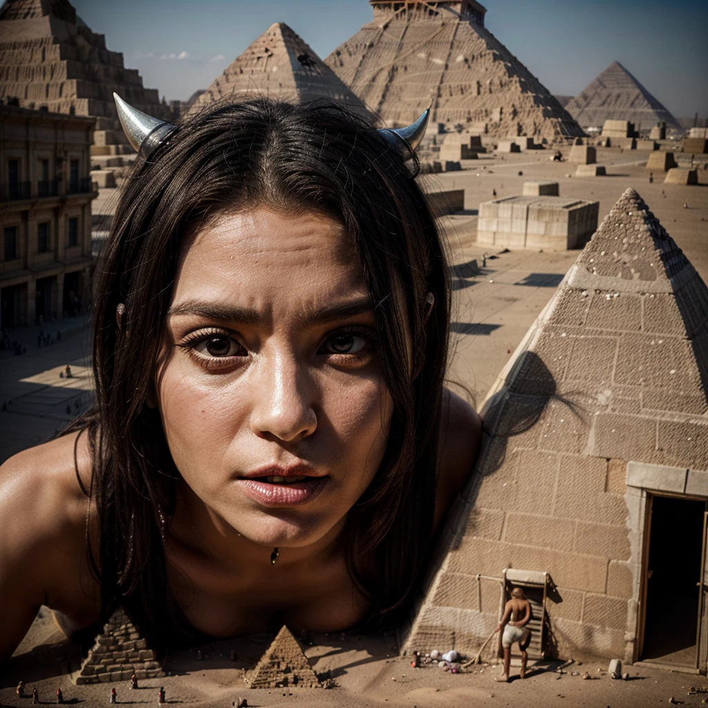 devil woman by pyramid with shrunken people, turned into a giant taller than pyramids 