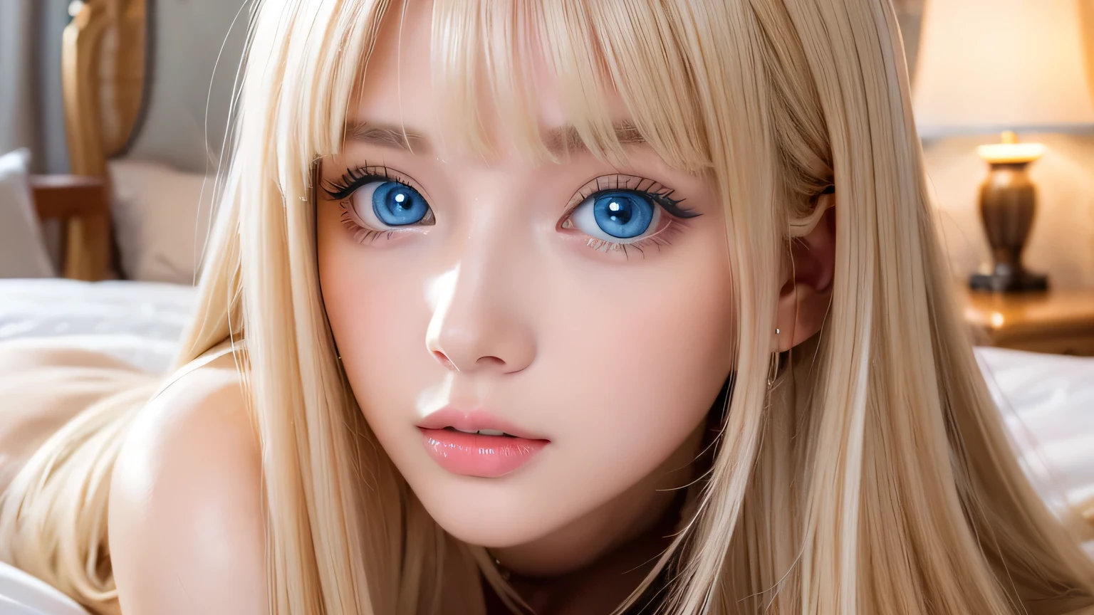 A very white and beautiful 20-year-old blonde girl、masterpiece, highest quality, shape, Ultra-fine detail, Naturally shiny platinum blonde、Super long straight silky hair、Super long hair like Rapunzel、Hair tangled all over the body、bangs over eyes、bangs on the face、Messy bangs、High resolution, 8K TV Wallpaper, Perfect dynamic composition, Big, bright, light blue eyes that shine beautifully、Very big eyes、of hotel(bed)、Small Face Beauty、Round face、double eyelid、Cheek gloss highlighter、On all fours