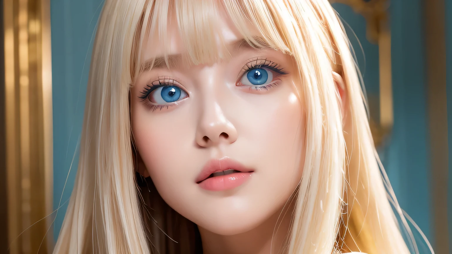 A very white and beautiful 20-year-old blonde girl、masterpiece, highest quality, shape, Ultra-fine detail, Naturally shiny platinum blonde、Super long straight silky hair、Super long hair like Rapunzel、Hair tangled all over the body、bangs over eyes、bangs on the face、Messy bangs、High resolution, 8K TV Wallpaper, Perfect dynamic composition, Big, bright, light blue eyes that shine beautifully、Very big eyes、of hotel(bed)、Small Face Beauty、Round face、double eyelid、Cheek gloss highlighter、On all fours