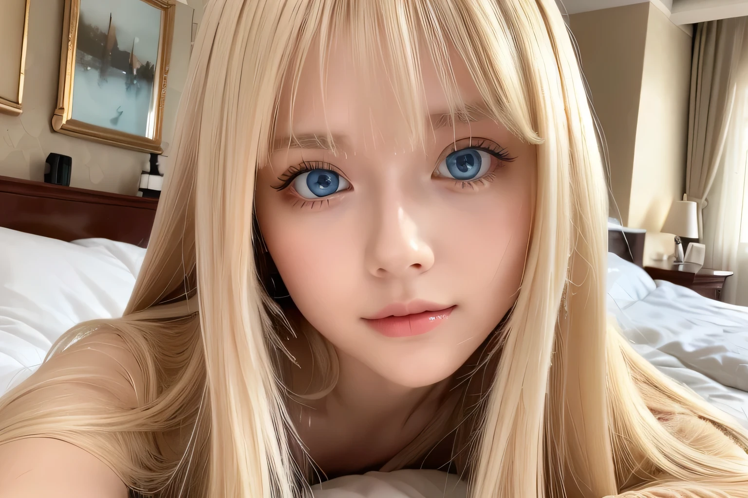 A very white and beautiful 20-year-old blonde girl、masterpiece, highest quality, shape, Ultra-fine detail, Naturally shiny platinum blonde、Super long straight silky hair、Super long hair like Rapunzel、Hair tangled all over the body、bangs over eyes、bangs on the face、Messy bangs、High resolution, 8K TV Wallpaper, Perfect dynamic composition, Big, bright, light blue eyes that shine beautifully、Very big eyes、of hotel(bed)、Small Face Beauty、Round face、double eyelid、Cheek gloss highlighter、On all fours