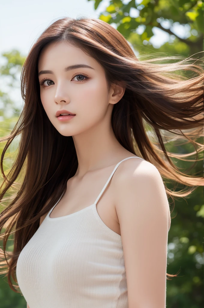 best quality, 8k, high resolution, ultra-detailed, extremely detailed, top quality, realistic, a woman, Incredibly beautiful, hair sways in the gentle breeze, 