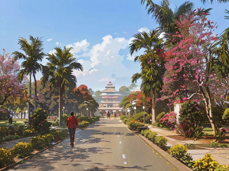 there is a man walking down a road with a red jacket, botanical garden, at college, from the front, with a park in the back ground, school courtyard, exterior botanical garden, taken with sony alpha 9, hospital in background, park in background, against the backdrop of trees, indore, assamese aesthetic, bengal school of art, very beautiful scenery