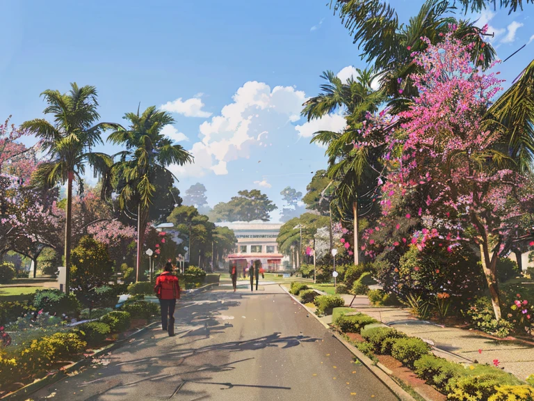 there is a man walking down a road with a red jacket, botanical garden, at college, from the front, with a park in the back ground, school courtyard, exterior botanical garden, taken with sony alpha 9, hospital in background, park in background, against the backdrop of trees, indore, assamese aesthetic, bengal school of art, very beautiful scenery