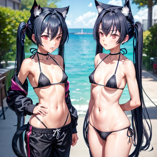 A girl with dark blue hair, cat ears and a tail, wearing a black bikini and racing pants　 body type　　Twin tails　Female genitalia is visible　　Detailed depiction of female genitalia　Flat Chest　Wearing a hoodie　Butt in detail