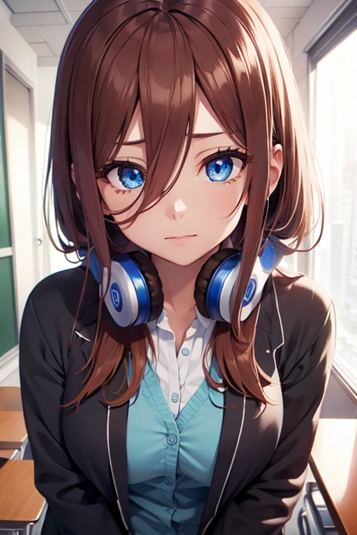 mikunakano, miku nakano, long hair, bangs, blue eyes, brown hair, shirt, hair between eyes, headphones, cardigan, headphones around neck,
BREAK skirt, shirt, long sleeves, white shirt, pantyhose, pleated skirt, black pantyhose, cardigan, green skirt, blue cardigan,
BREAK indoors, classroom,
BREAK looking at viewer, BREAK (masterpiece:1.2), best quality, high resolution, unity 8k wallpaper, (illustration:0.8), (beautiful detailed eyes:1.6), extremely detailed face, perfect lighting, extremely detailed CG, (perfect hands, perfect anatomy),