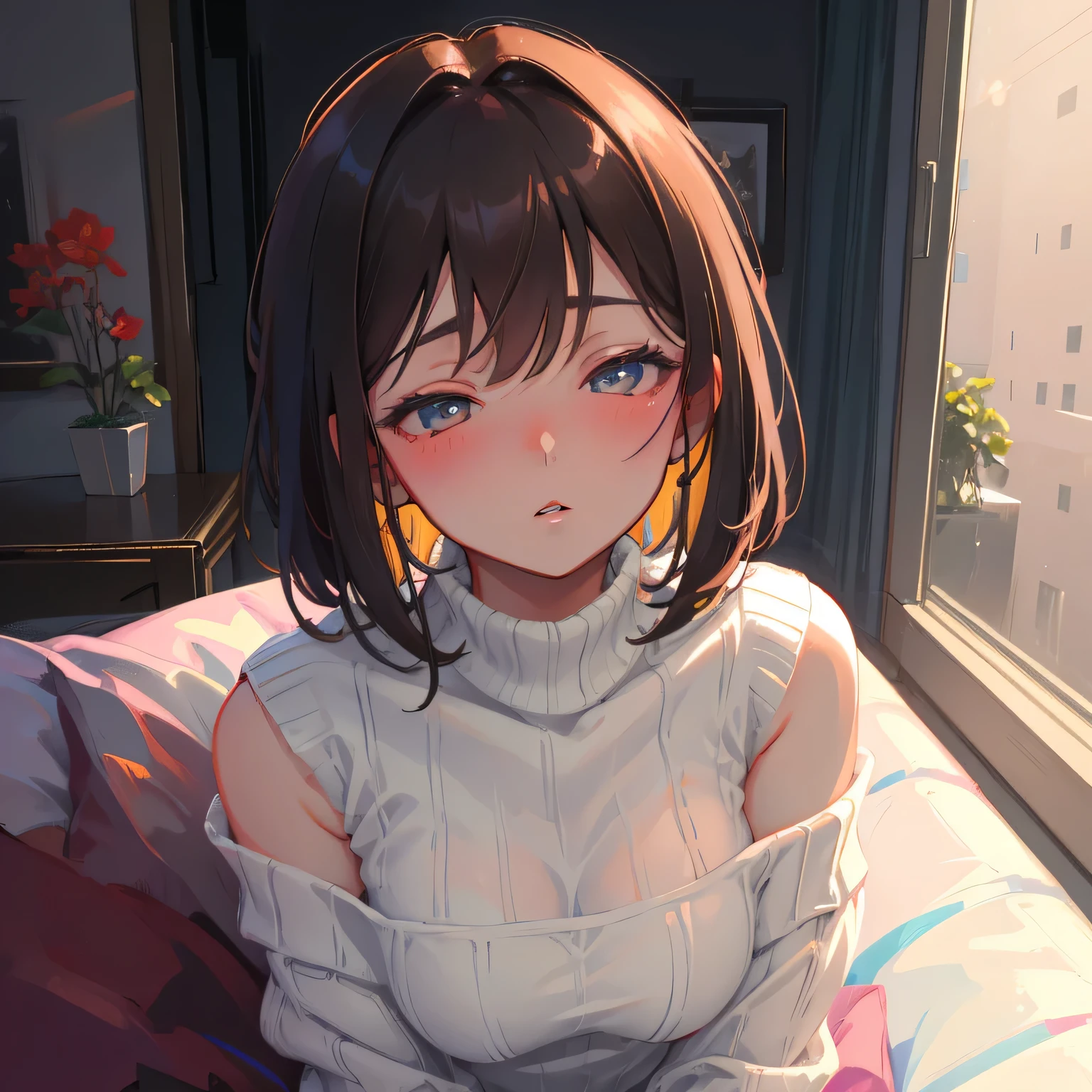 Amazing portrait of a sexy and cute girl with a short bob hairstyle and a seductive gaze who is blushing intensely with parted lips and is desperate and flustered and lustful wearing an off shoulder orange t shirt showcasing her bare shoulder while lying on bed
