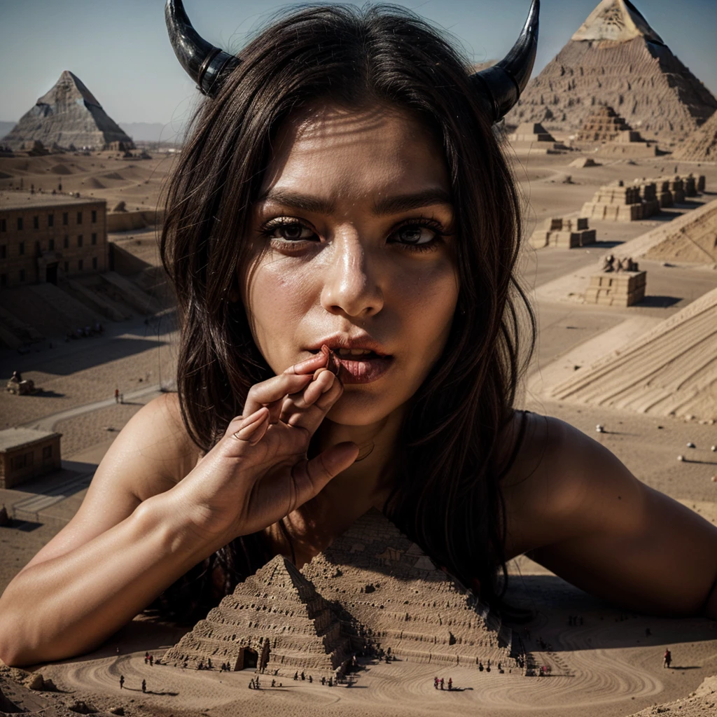 devil woman by pyramid lies with shrunken people, turned into a giant taller than pyramids 