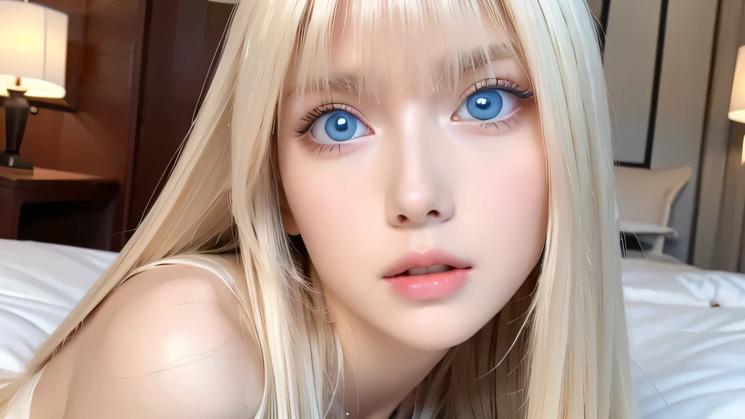 A very white and beautiful 20-year-old blonde girl、masterpiece, highest quality, shape, Ultra-fine detail, Naturally shiny platinum blonde、Super long straight silky hair、Super long hair like Rapunzel、Hair tangled all over the body、bangs over eyes、bangs on the face、Messy bangs、High resolution, 8K TV Wallpaper, Perfect dynamic composition, Big, bright, light blue eyes that shine beautifully、Very big eyes、of hotel(bed)、Small Face Beauty、Round face、double eyelid、Cheek gloss highlighter、On all fours