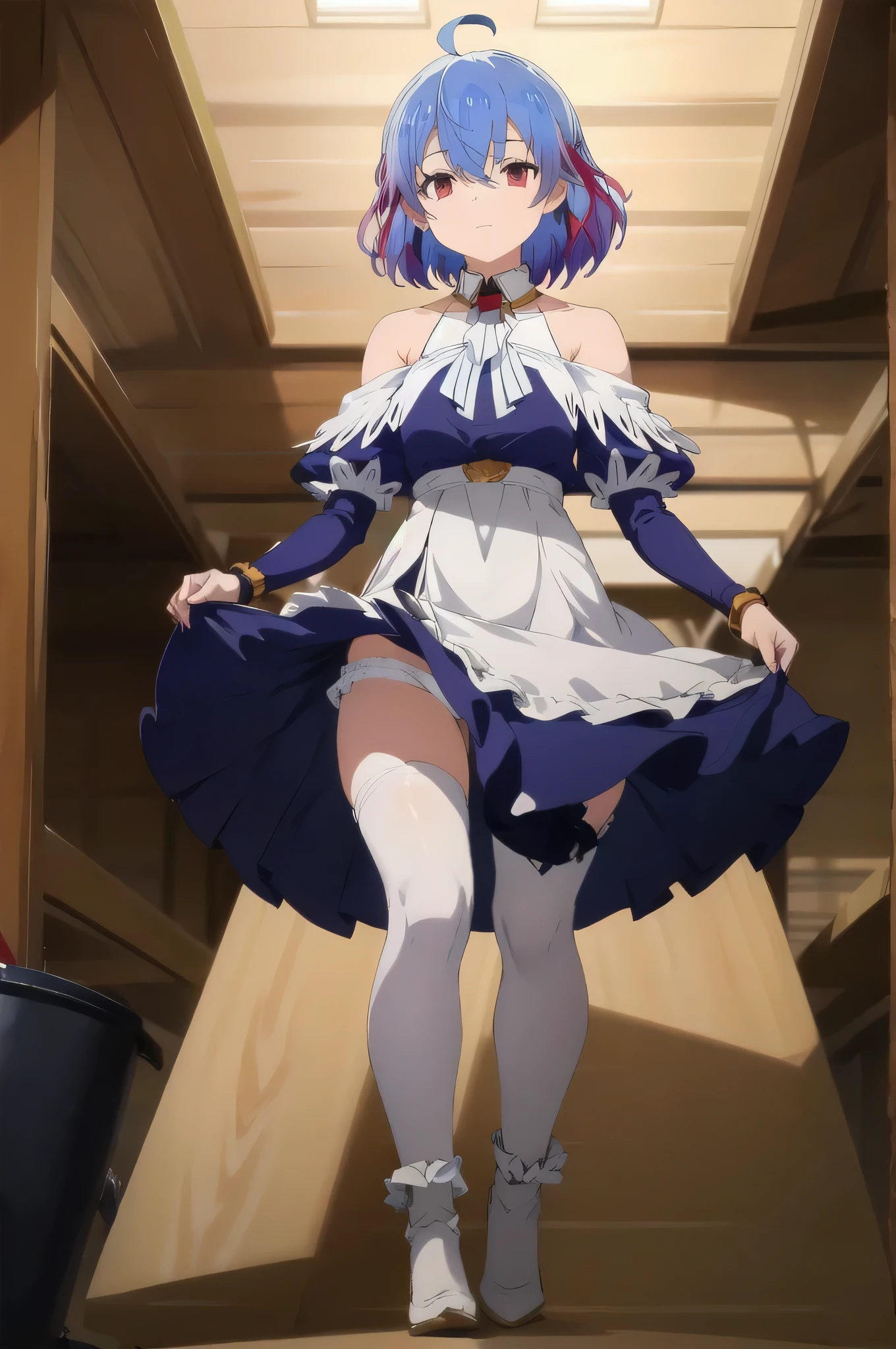 (Ceiling from below;2),(looking down;1.2) ,((white lace panties,lift skirt,upskirt) ),(Exceptional, Best aesthetics, new, newest, highest quality, masterpiece, Very detailed),Ruthie, One girl, alone, ribbon, hair ribbon, short hair, metal collar, Red eyes, Blue Hair, Ahoge, Multicolored Hair, Memes, Bracelet, Gradient Hair, collar, jewelry, bangs, Parody, armor, Expressionless, Exposing shoulders, Mouth closed, Hair between the eyes