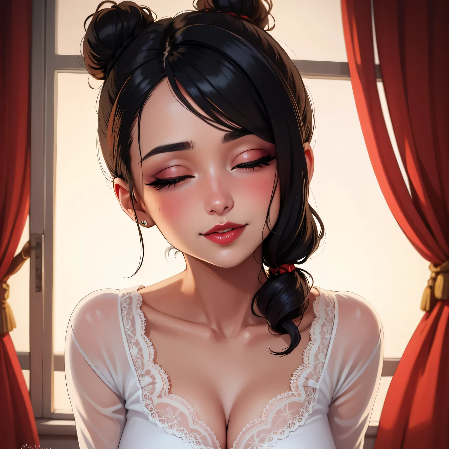 Amazing portrait of a sexy woman with a beautiful face emphasised by some amazing makeup with her black hair in a neat bun gazing at us seductively and smiling with her glossy red lips parted seductively wearing a sheer white shirt that reveals the red lacy lingerie that she's wearing underneath the shirt in a dimly lit room with one lamp giving off warm lighting