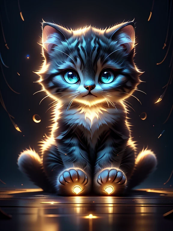 A cute kitty, sitting in the evening with light of LED flashlight in the paws, happy kitty face, featuring atmospheric details, high resolution, and warm lighting 
