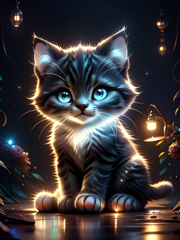 A cute kitty, sitting in the evening with light of LED flashlight in the paws, happy kitty face, featuring atmospheric details, high resolution, and warm lighting 
