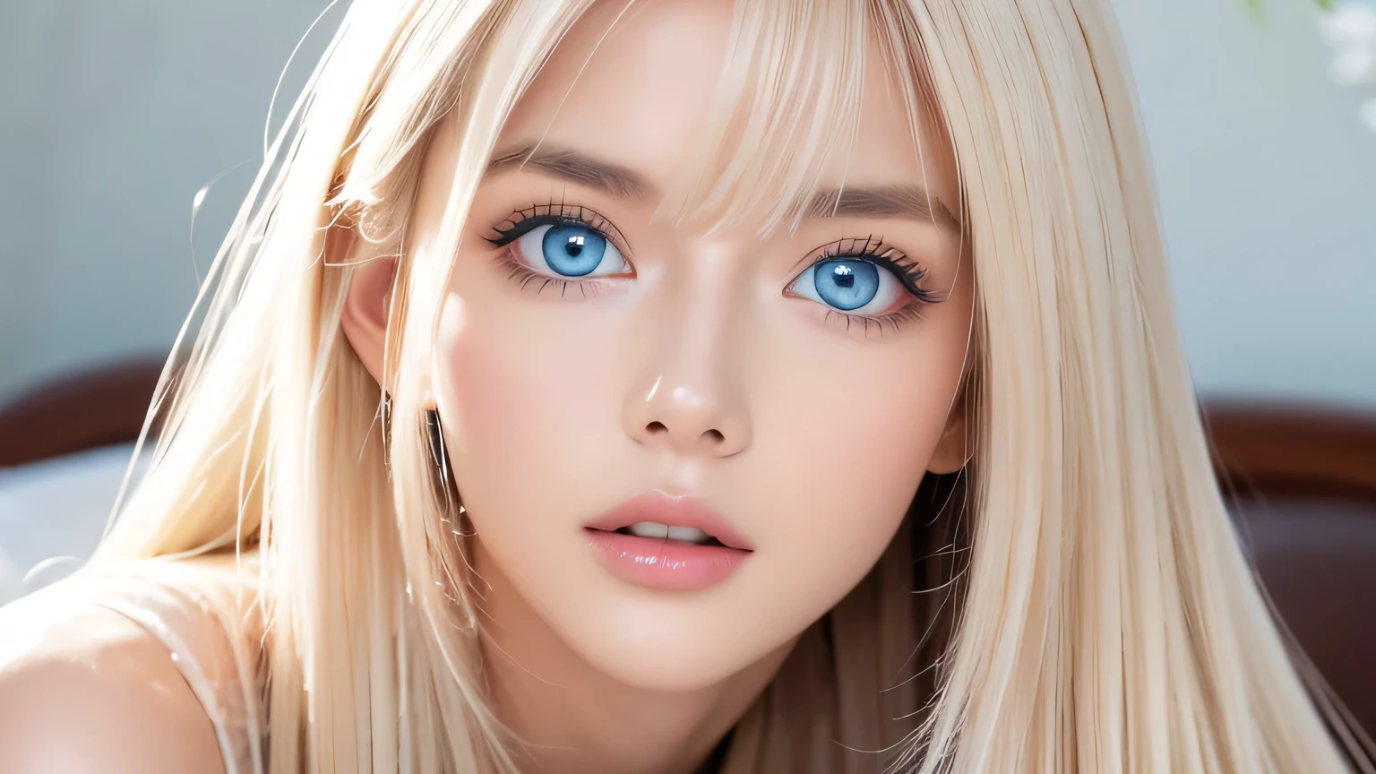 A very white and beautiful 20-year-old blonde girl、masterpiece, highest quality, shape, Ultra-fine detail, Naturally shiny platinum blonde、Super long straight silky hair、Super long hair like Rapunzel、Hair tangled all over the body、bangs over eyes、bangs on the face、Messy bangs、High resolution, 8K TV Wallpaper, Perfect dynamic composition, Big, bright, light blue eyes that shine beautifully、Very big eyes、of hotel(bed)、Small Face Beauty、Round face、double eyelid、Cheek gloss highlighter、On all fours