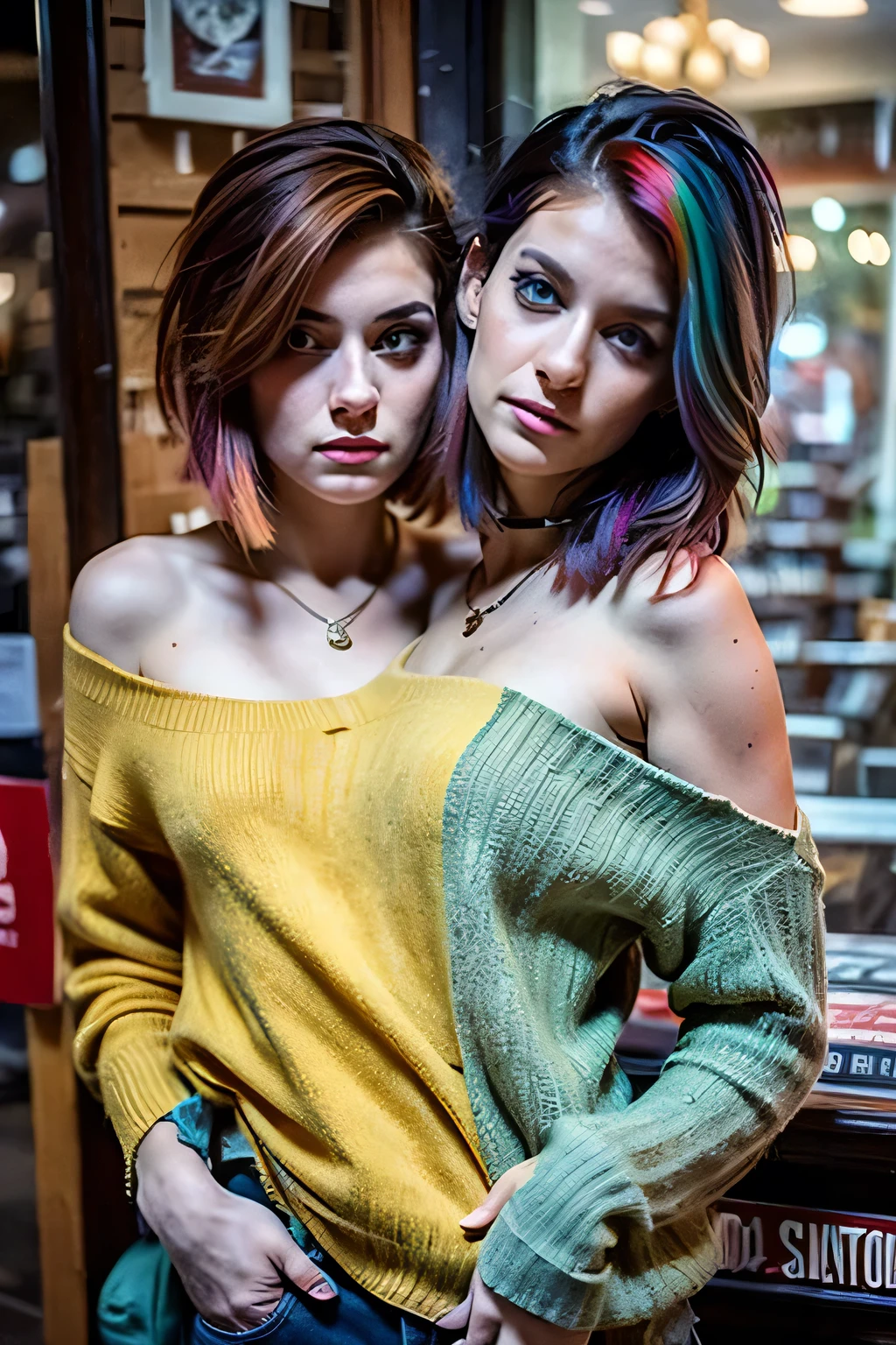 2heads, female couple, age 28, two heads on one body, conjoined, one torso, hipsters, multicolored hair, grunge fashion, in bookstore