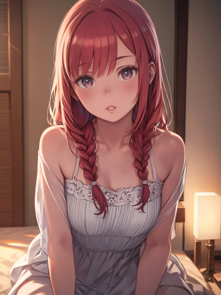 Young Scandinavian woman, Cute Face, Fascinating, highest quality, masterpiece, Translucent summer dress, Golden Hour, Detailed Texture, Long braided hair, Sitting on the bed, Pause, カジュアルなPause, Wooden cottage, interior, [blush], beautiful, complicated, Caustics, light, sunlight, (((Soft lips))), (((Glossy lips))), Very detailed, (Semi-realistic:1.2), Niroudef, Redhead