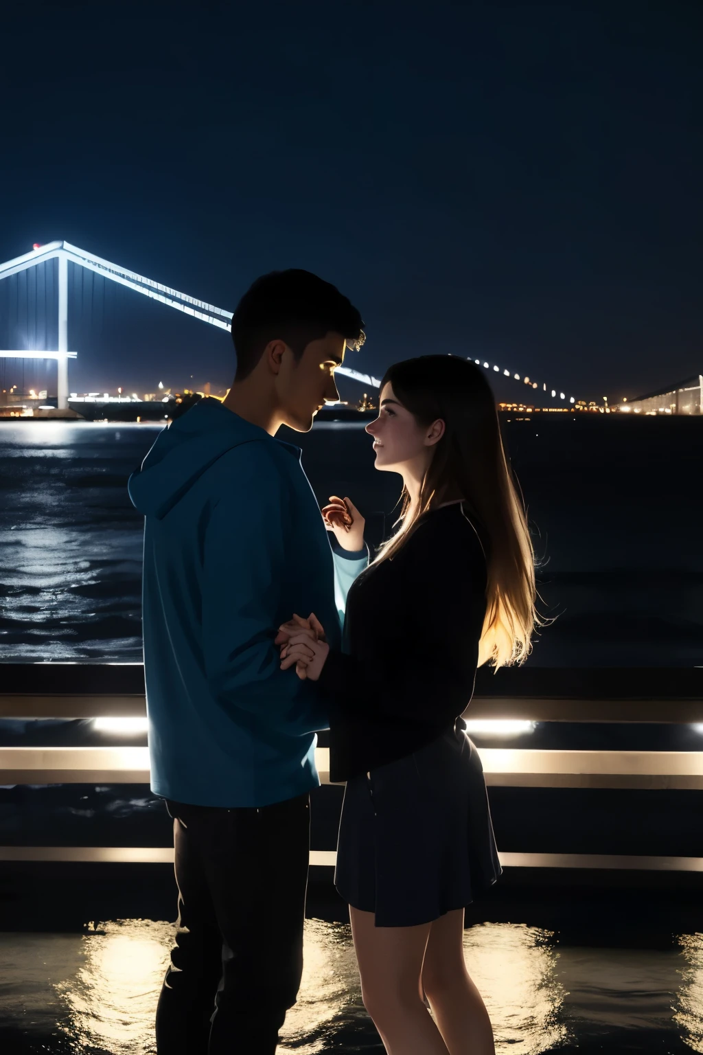 Night scene in blue tones showing two people. The first person is a young man in dark clothes extending his hand from the Istanbul bridge . The second person, a girl, is wearing light clothes and leans his body back, as if falling in the air, trying to grab the first person’s hand. In the background, a cityscape and a bridge crossing the water appear